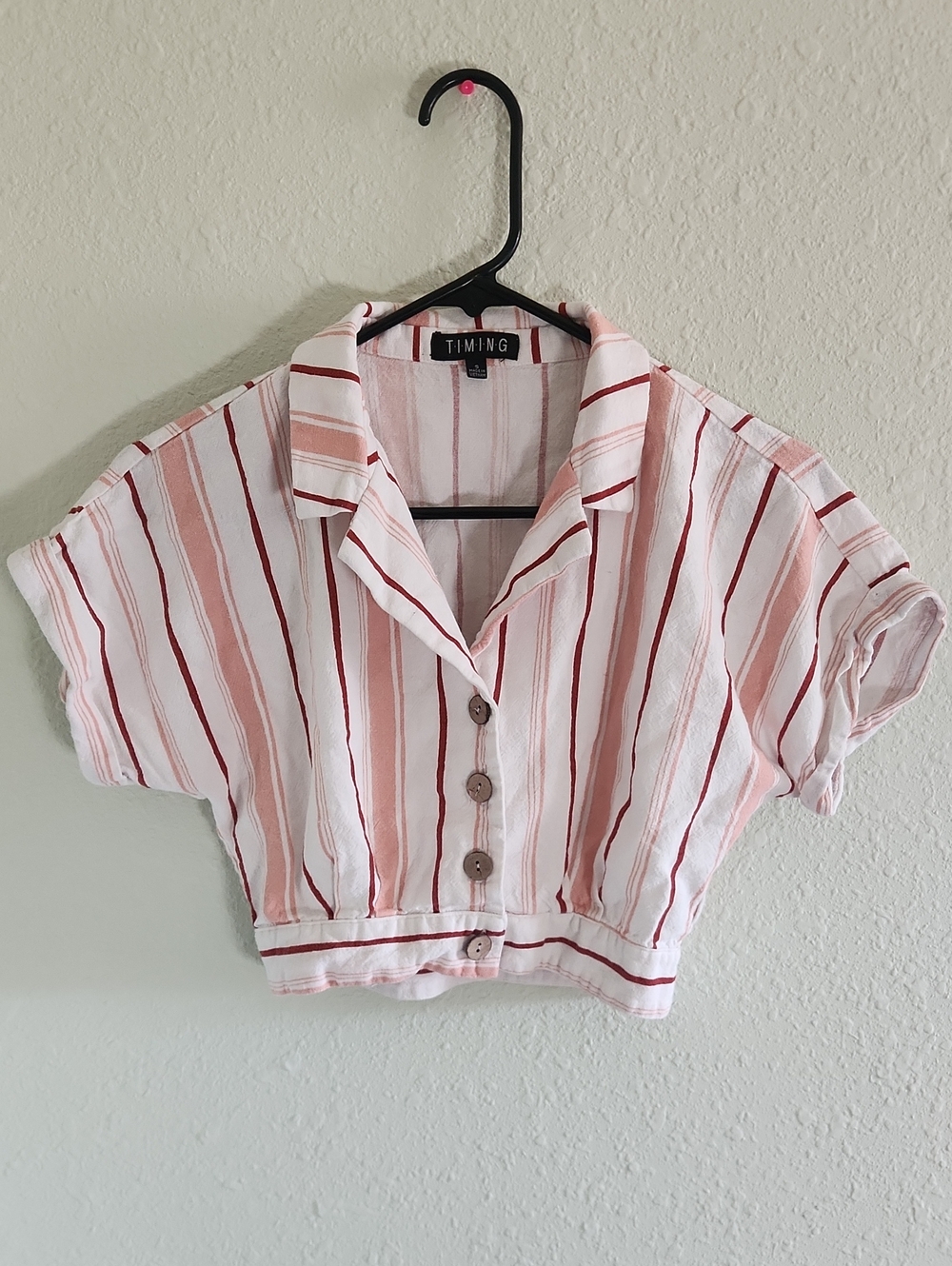Womens TIMING Pink & Red Striped Cropped Button-Up Top